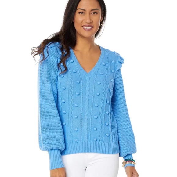 Lilly Pulitzer Sweaters - NWOT Lilly Pulitzer Greta Sweater Pom Pom Puff Ruffle Blouson Sleeve Blue XL